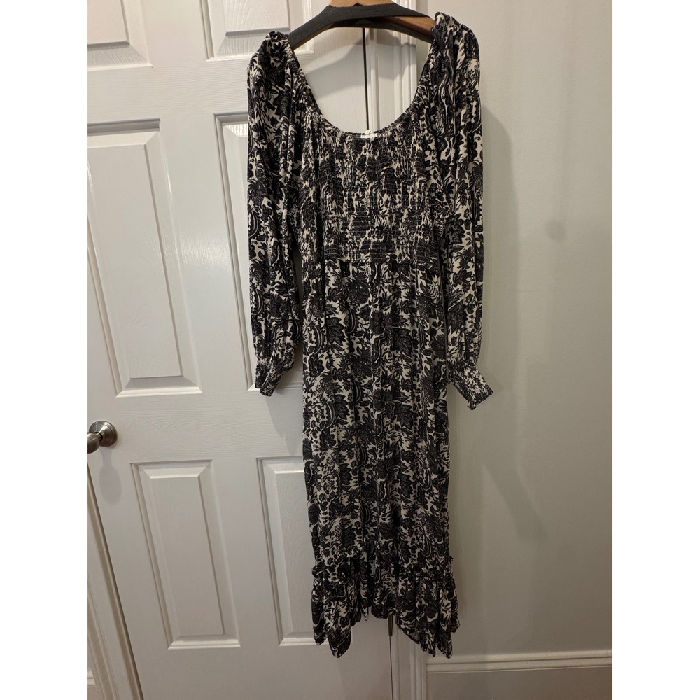 Yonder Womens XXL Black Cream Floral Paisley Smocked Midi Dress Long Sleeve Boho